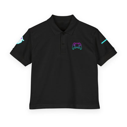 A black short-sleeve polo shirt with a small neon-style graphic on the left chest resembling a game controller, plus additional small graphics on both sleeves, shown on a plain white background.