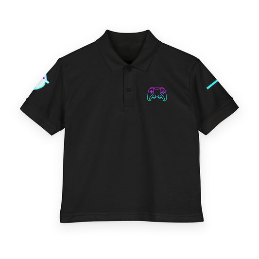 A black short-sleeve polo shirt with a small neon-style graphic on the left chest resembling a game controller, plus additional small graphics on both sleeves, shown on a plain white background.