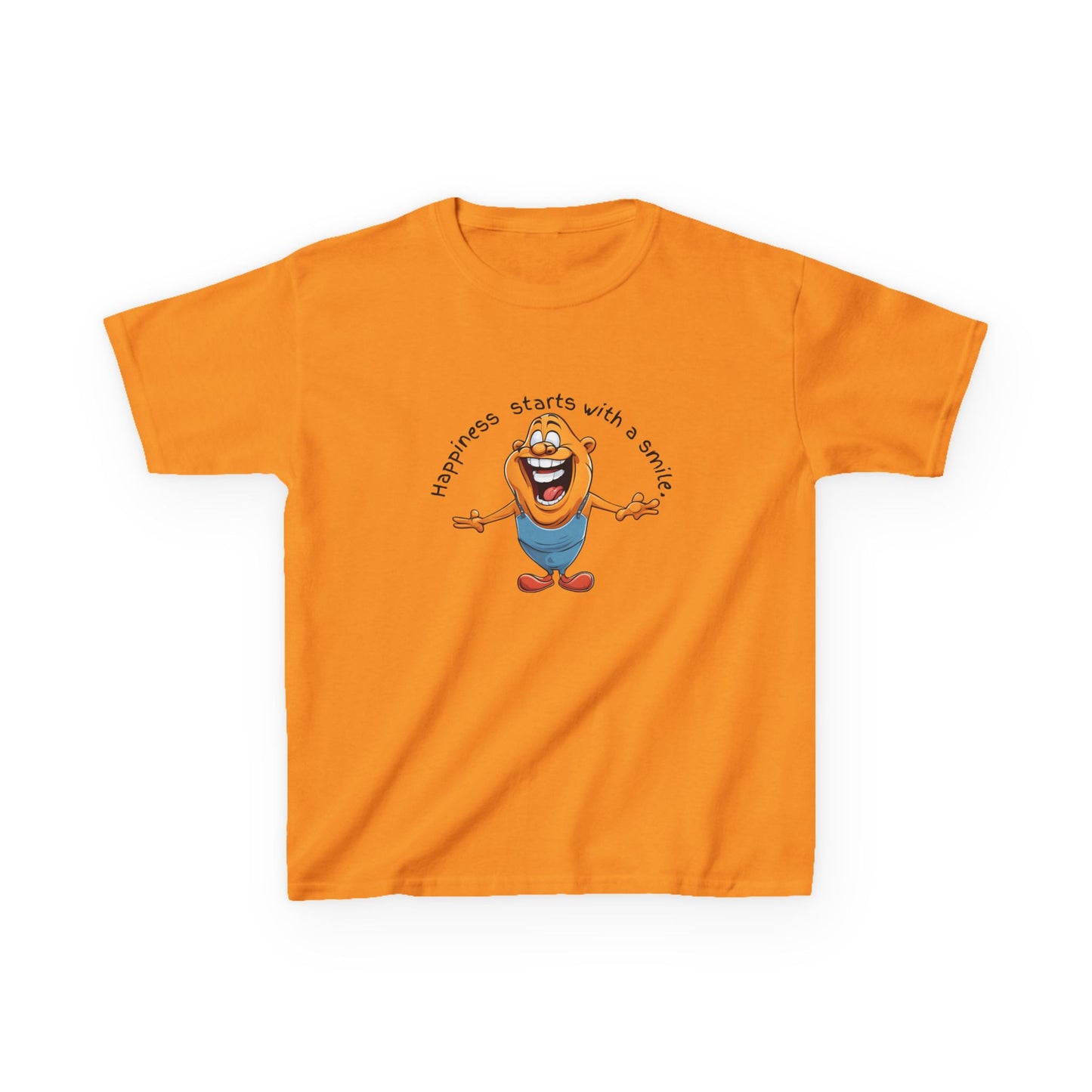 Kids cotton t-shirt with cute cartoon character and “Happiness Starts with a Smile” text