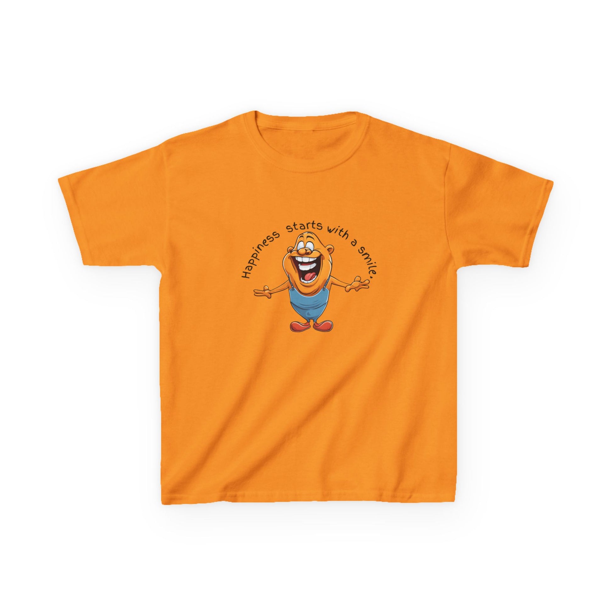Kids cotton t-shirt with cute cartoon character and “Happiness Starts with a Smile” text