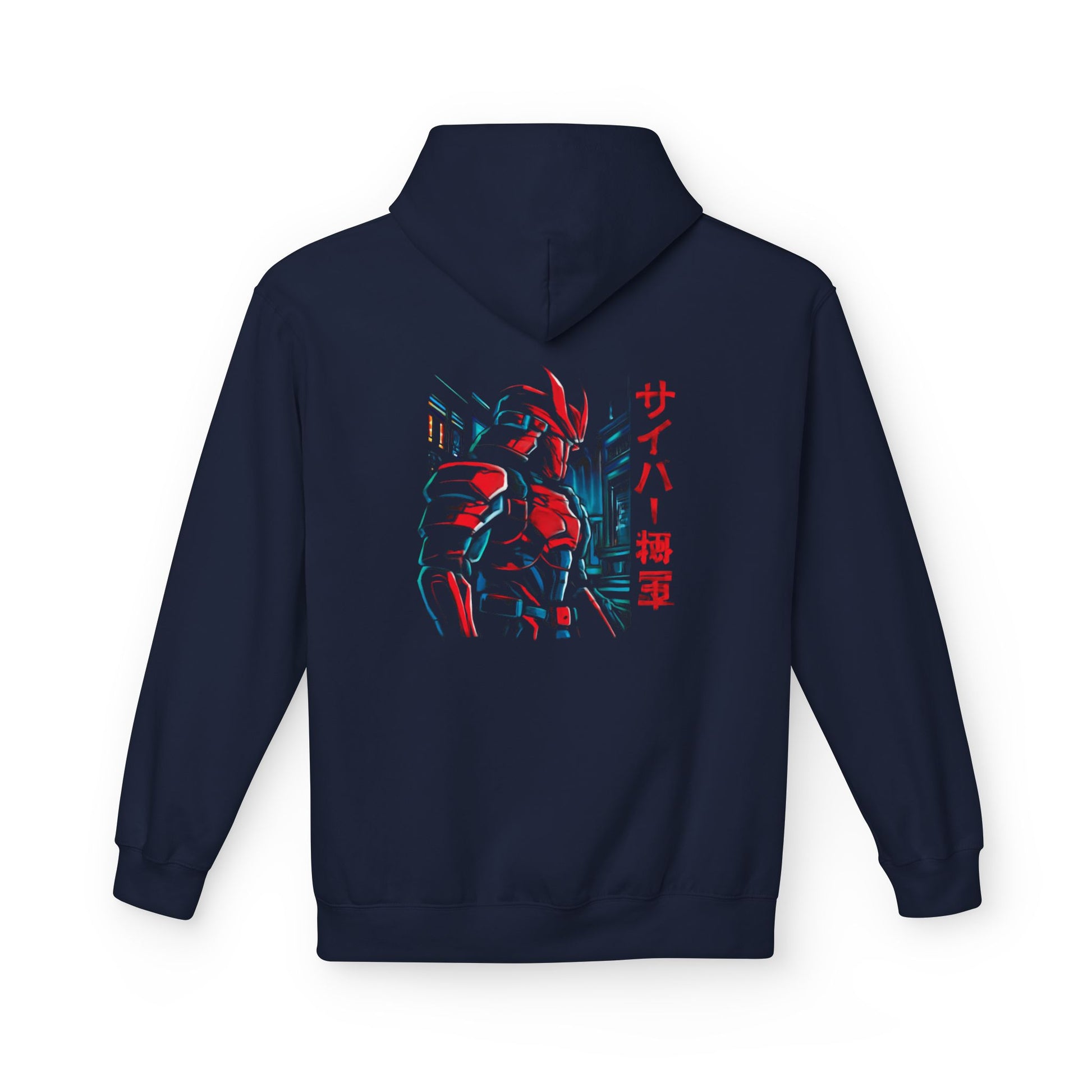 A navy blue hoodie shown from the back, featuring a graphic print of a red and blue sci-fi armored character with vertical red Japanese text on the center back.