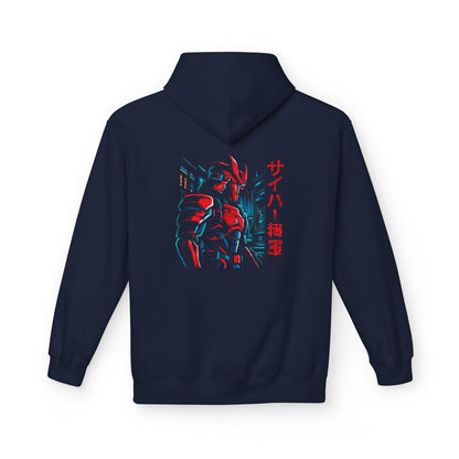 A navy blue hoodie shown from the back, featuring a graphic print of a red and blue sci-fi armored character with vertical red Japanese text on the center back.