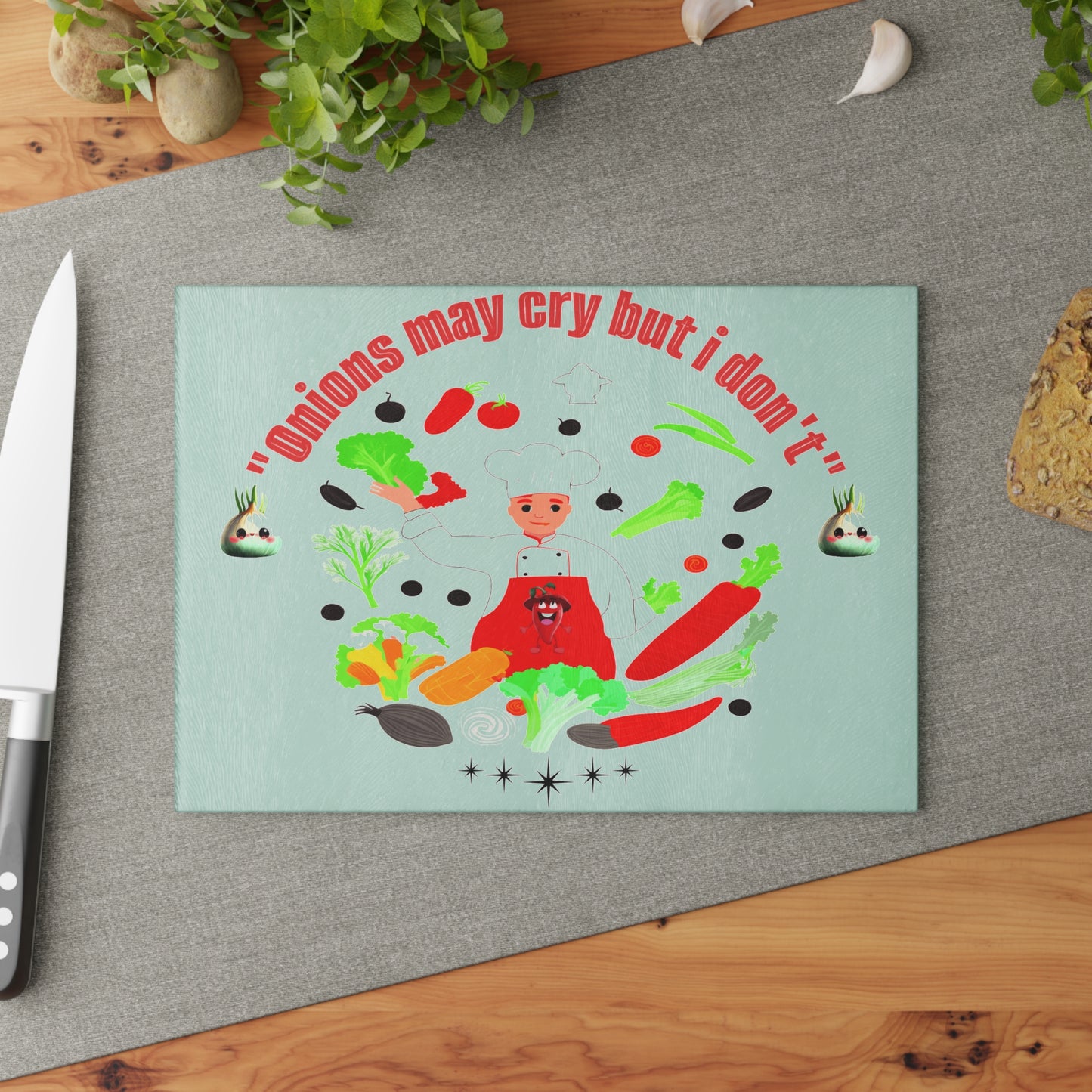Colorful illustration of a chef surrounded by vegetables with text on a light green background