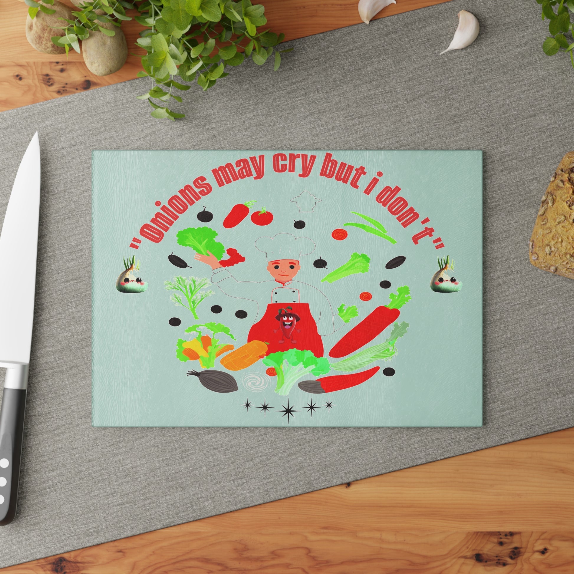 Colorful illustration of a chef surrounded by vegetables with text on a light green background