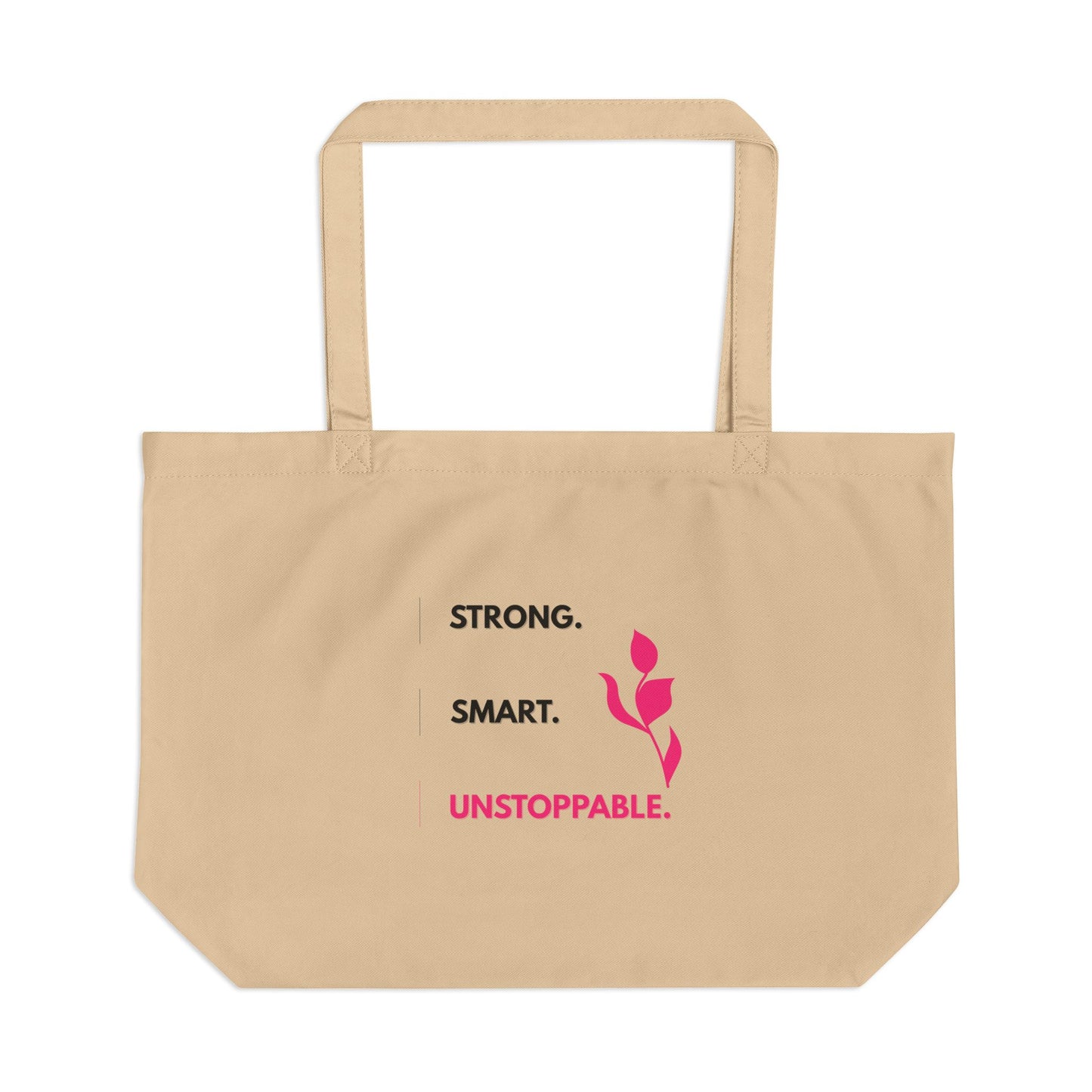 Beige tote bag with motivational text and a pink flower design on a white background