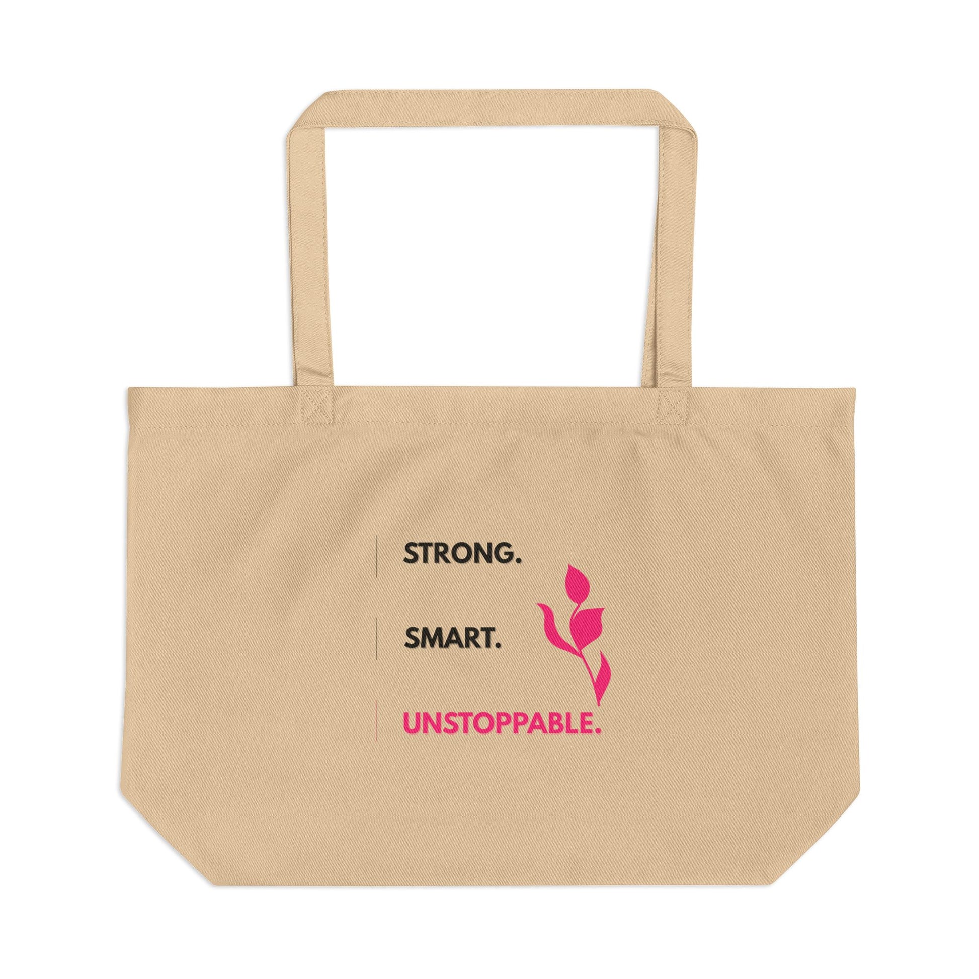 Beige tote bag with motivational text and a pink flower design on a white background