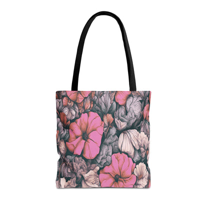 Tote bag with pink floral pattern on a white background