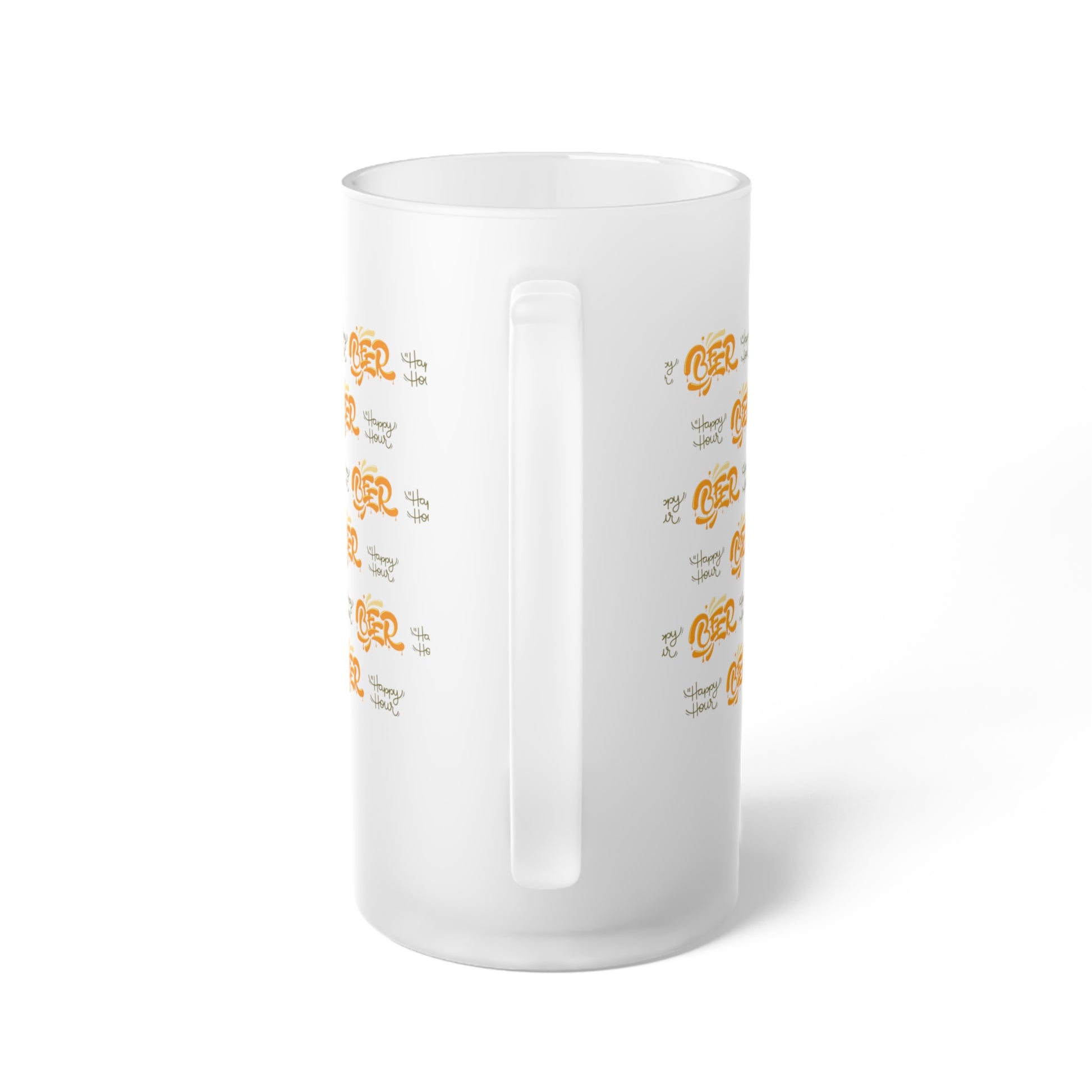 Frosted beer glass with "Happy Hour" text – stylish drinkware for chilled beverages.

