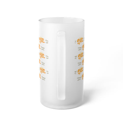 Frosted beer glass with "Happy Hour" text – stylish drinkware for chilled beverages.

