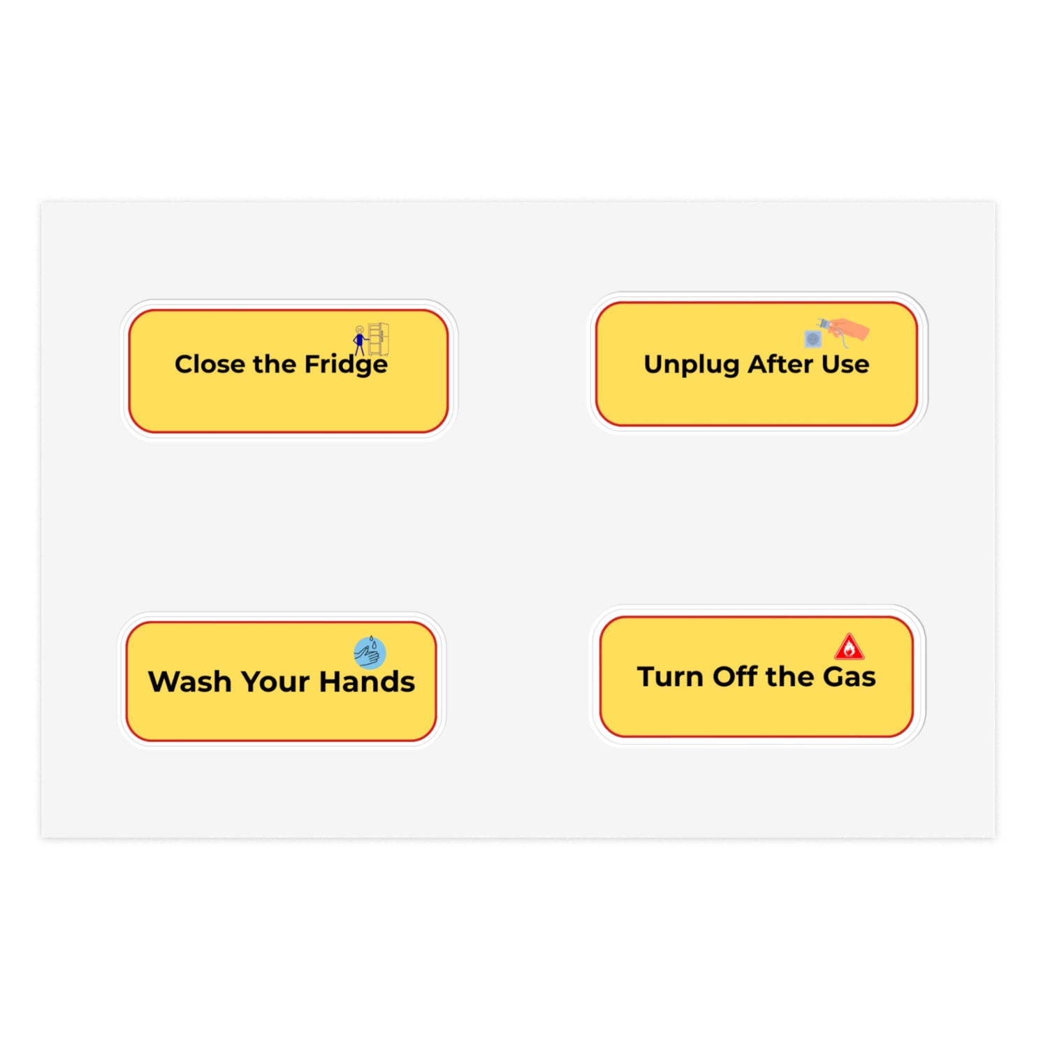 Four yellow rectangular stickers with safety instructions on a white background