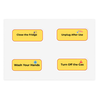 Four yellow rectangular stickers with safety instructions on a white background