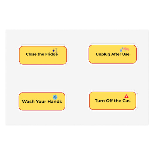 Four yellow rectangular stickers with safety instructions on a white background