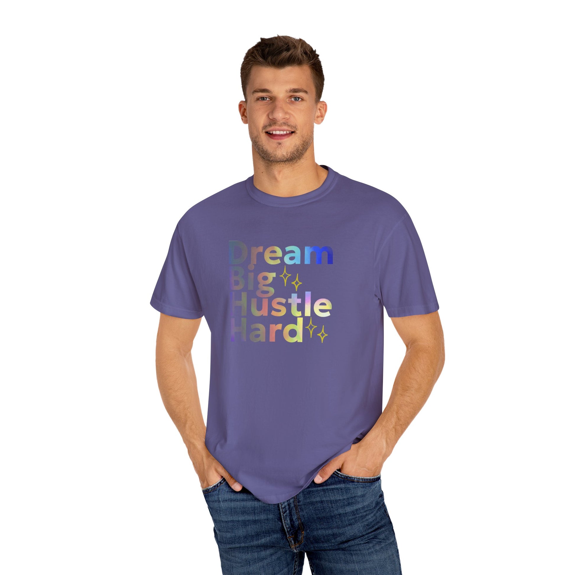 Man wearing a purple t-shirt with motivational text on a white background