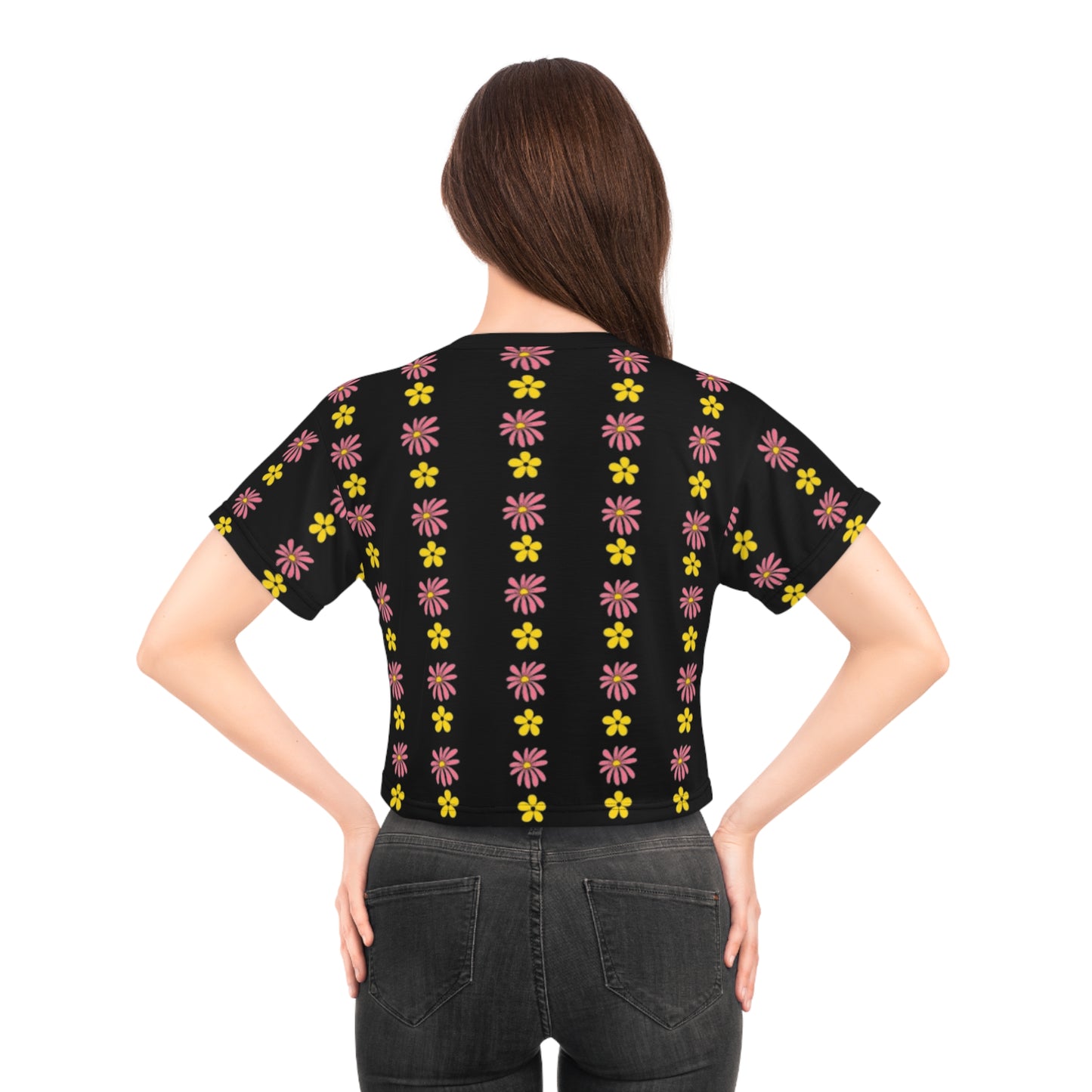 A black crop top with a colorful all-over floral print