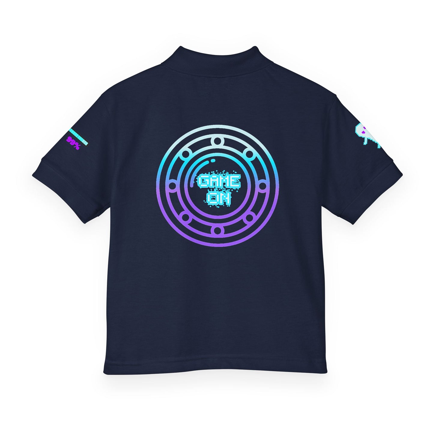 A navy blue short-sleeve t-shirt shown from the back, featuring a large circular graphic in a cyan-to-purple gradient with the text 'GAME ON' in the center. Smaller matching graphics are visible on both sleeves.