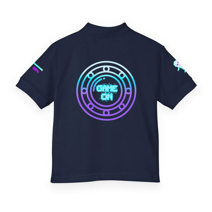 A navy blue short-sleeve t-shirt shown from the back, featuring a large circular graphic in a cyan-to-purple gradient with the text 'GAME ON' in the center. Smaller matching graphics are visible on both sleeves.