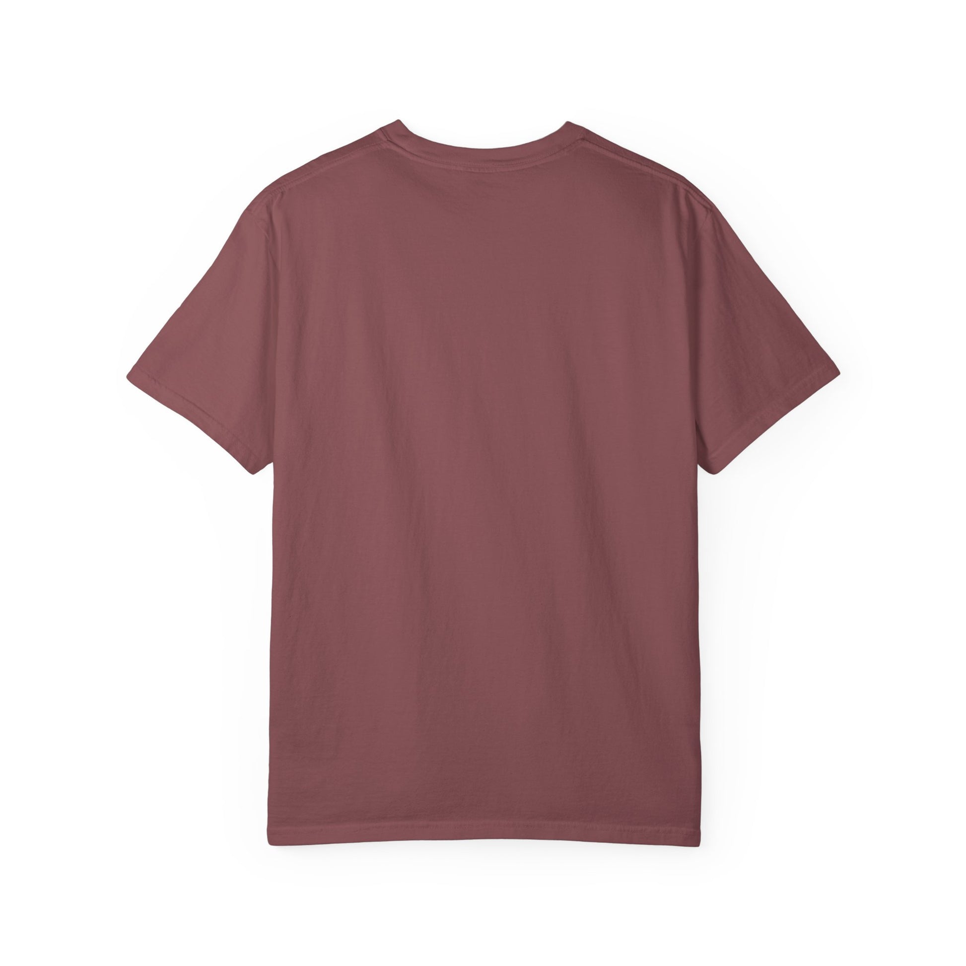 Rear view of plain back side garment-dyed t-shirt