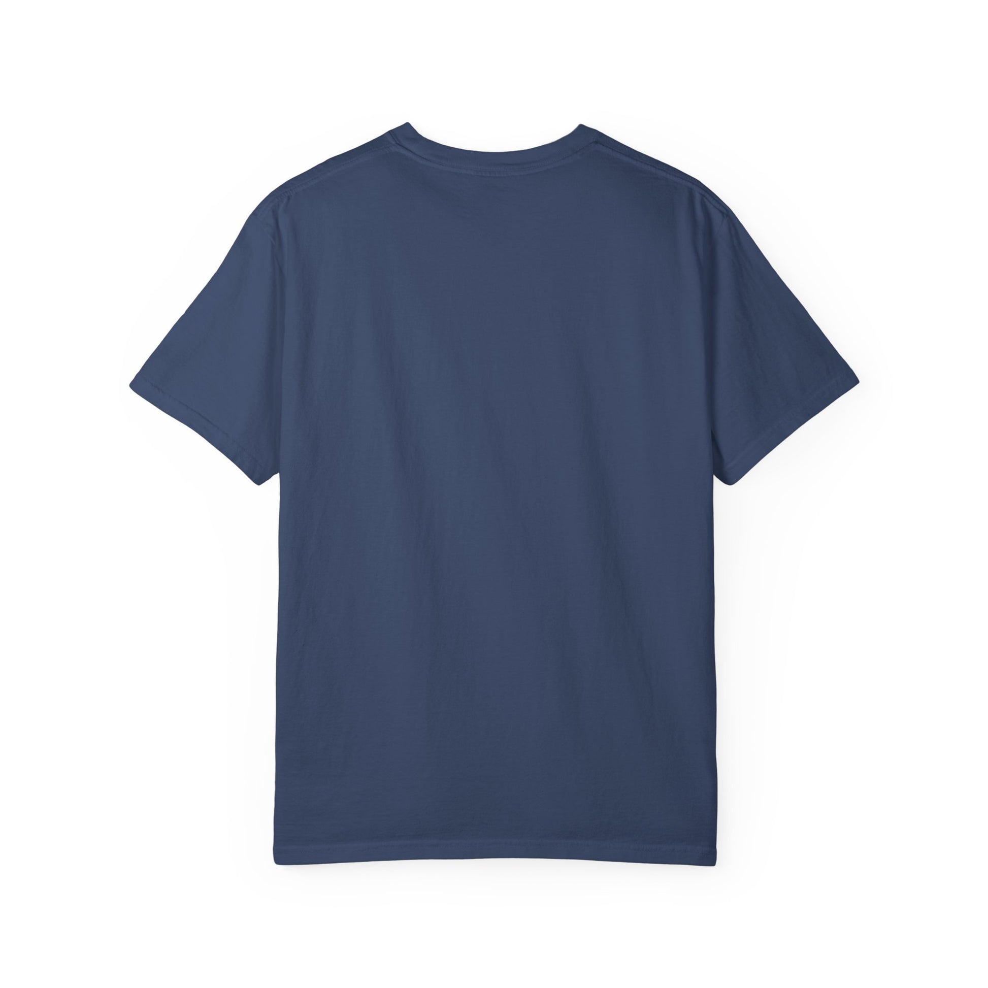 Rear view of plain back side garment-dyed t-shirt
