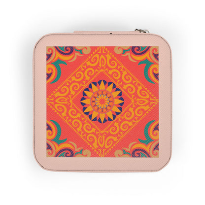 Colorful geometric patterned case on a white background