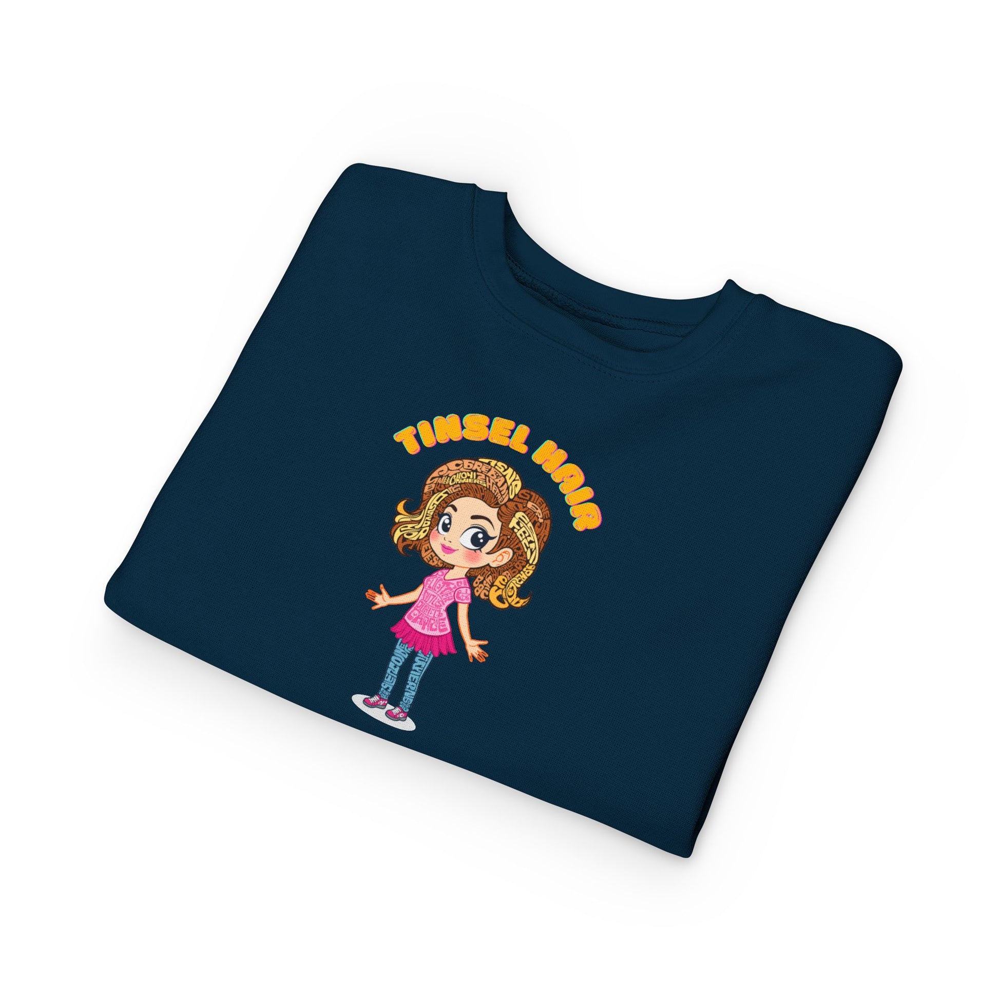 Folded navy blue sweatshirt with cartoon character and text on a white backgroun