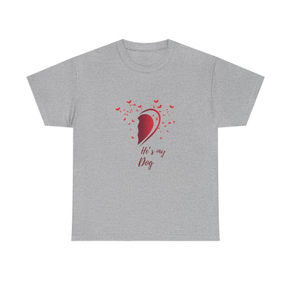 Gray t-shirt with red heart and text design on a white background