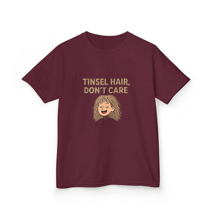 Maroon t-shirt with 'Tinsel Hair, Don't Care' text and cartoon girl on a white background