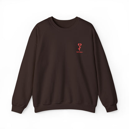 Brown sweatshirt with a red logo on a white background