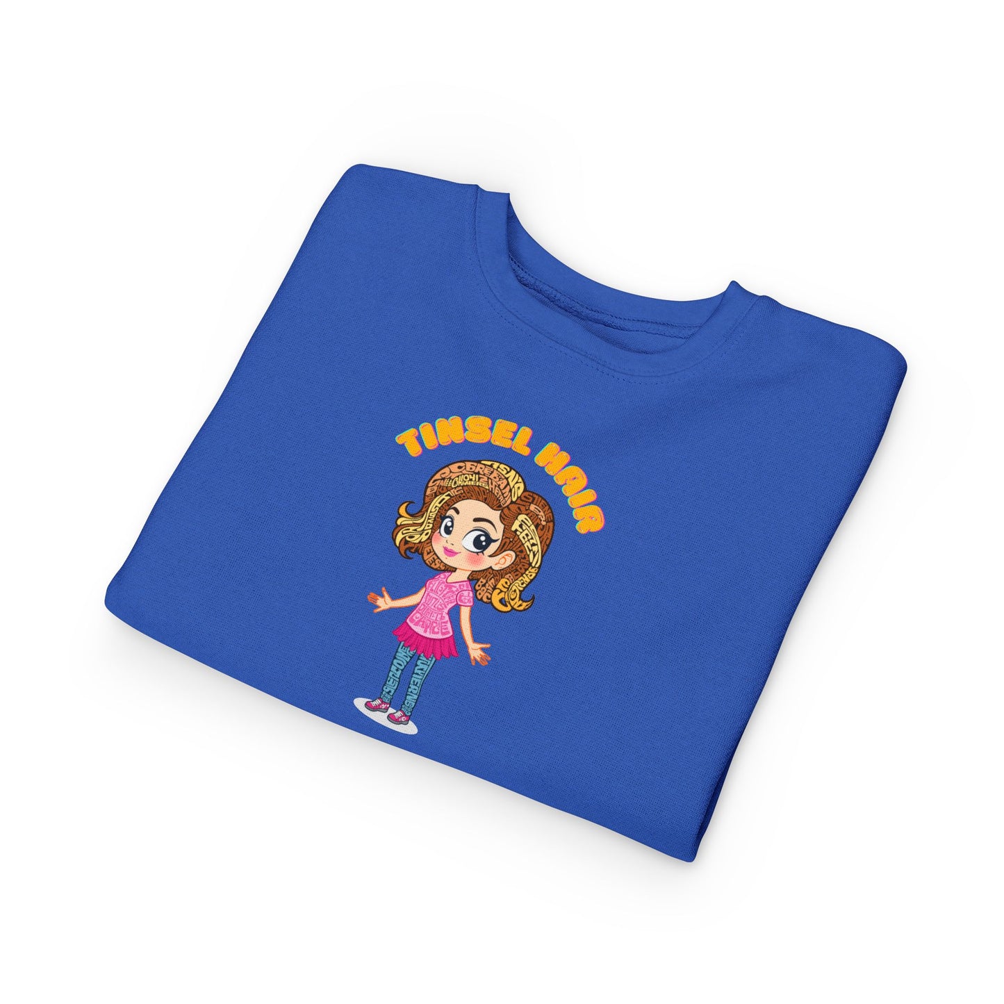 Folded blue sweatshirt with cartoon character and text on a white background