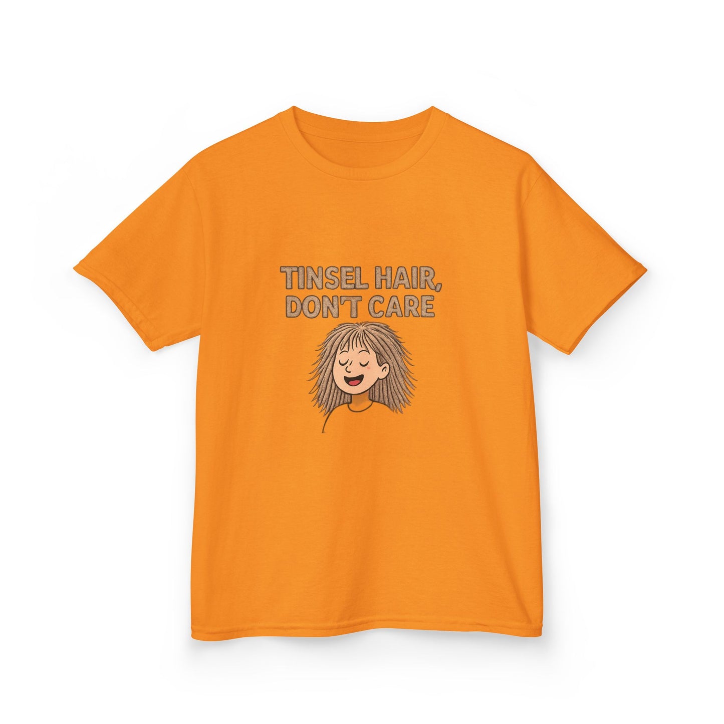 Orange t-shirt with 'Tinsel Hair, Don't Care' text and cartoon character on a white background