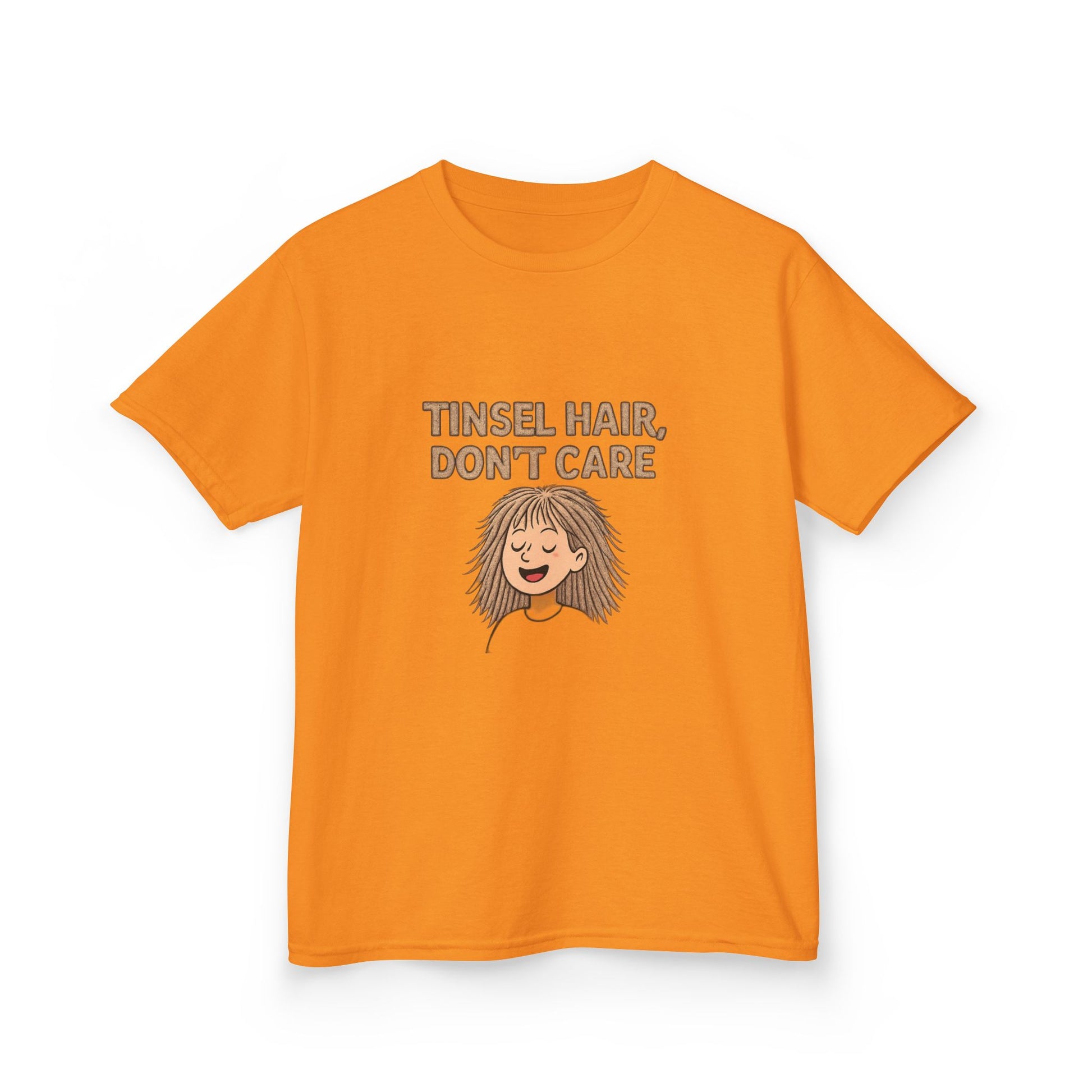 Orange t-shirt with 'Tinsel Hair, Don't Care' text and cartoon character on a white background