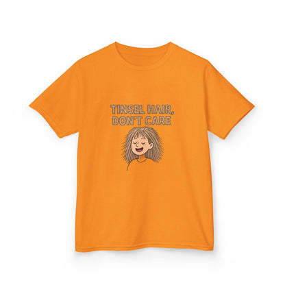 Orange t-shirt with 'Tinsel Hair, Don't Care' text and cartoon character on a white background