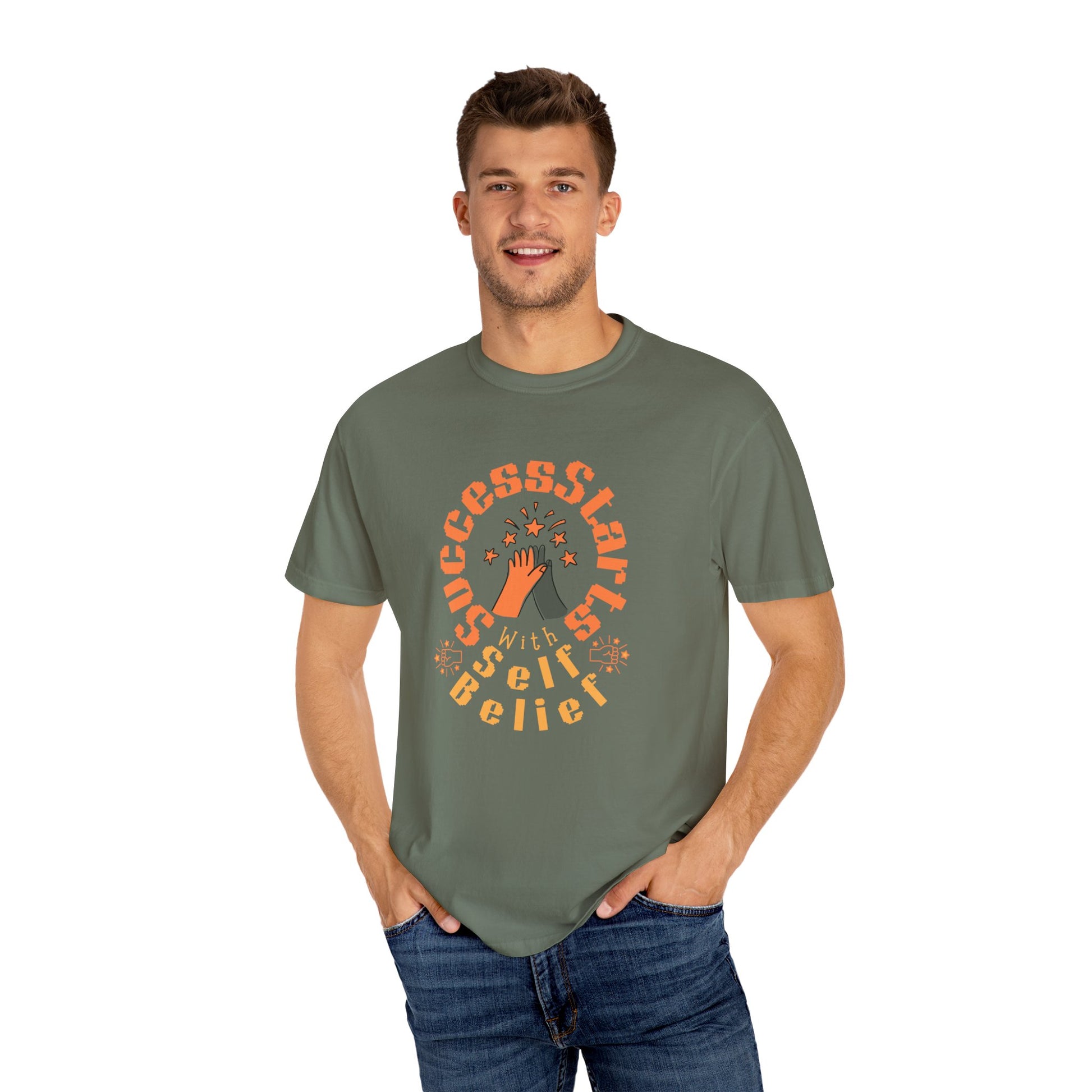 Man wearing a green t-shirt with a motivational quote on a white background