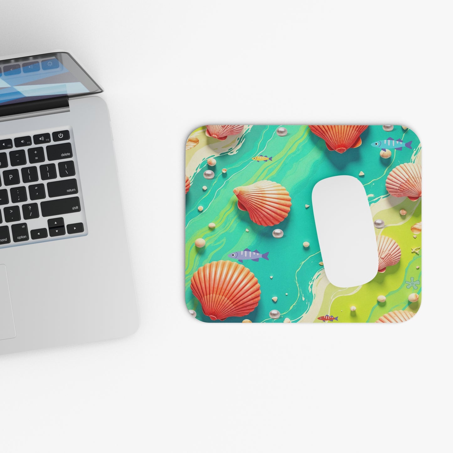 Ocean Shells Mouse Pad – Beach Scene with White Seashells Design
