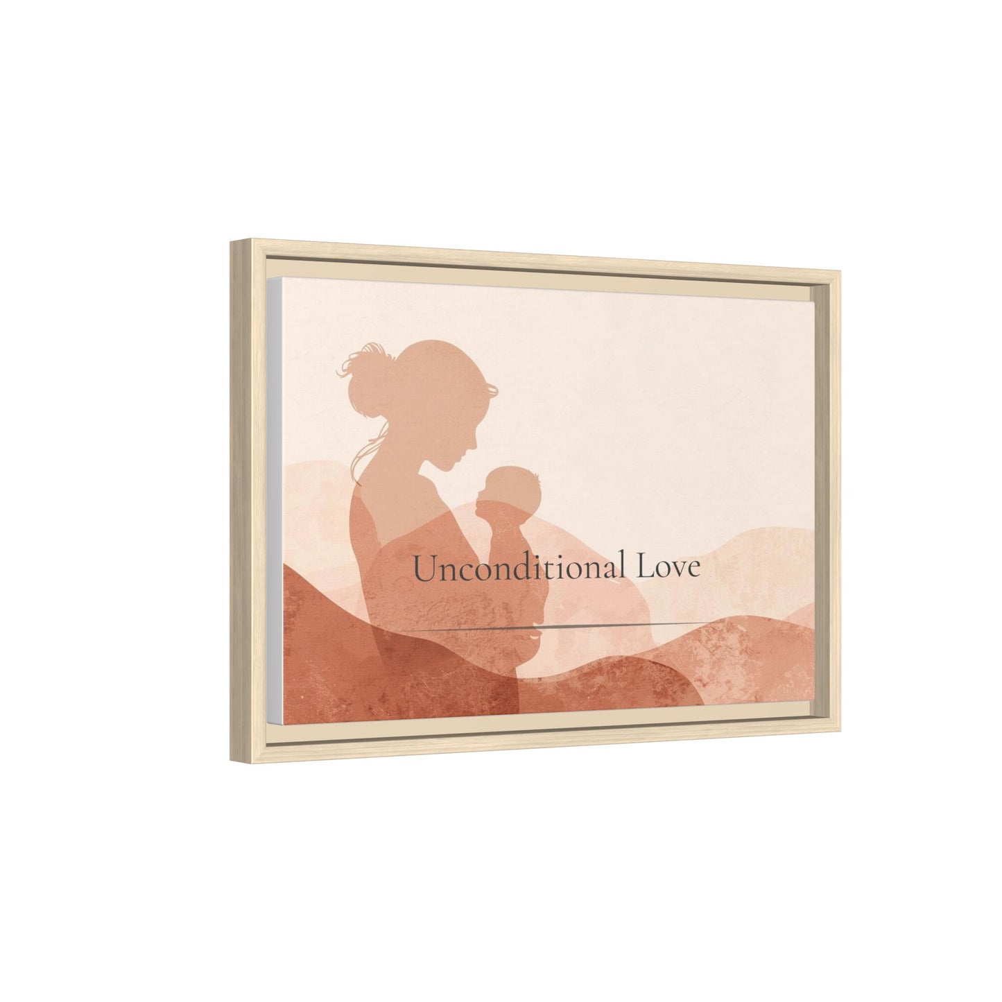 Framed artwork with silhouette of a mother and child and 'Unconditional Love' text on a white background