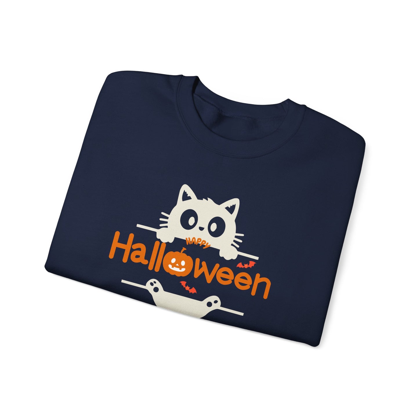 A navy blue folded t-shirt featuring a cute Halloween graphic of a white cat peeking over orange 'Halloween' text with a jack-o'-lantern.