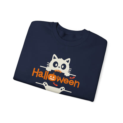 A navy blue folded t-shirt featuring a cute Halloween graphic of a white cat peeking over orange 'Halloween' text with a jack-o'-lantern.