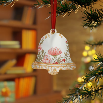 Elegant floral Christmas bell ornament hanging on a festive Christmas tree branch