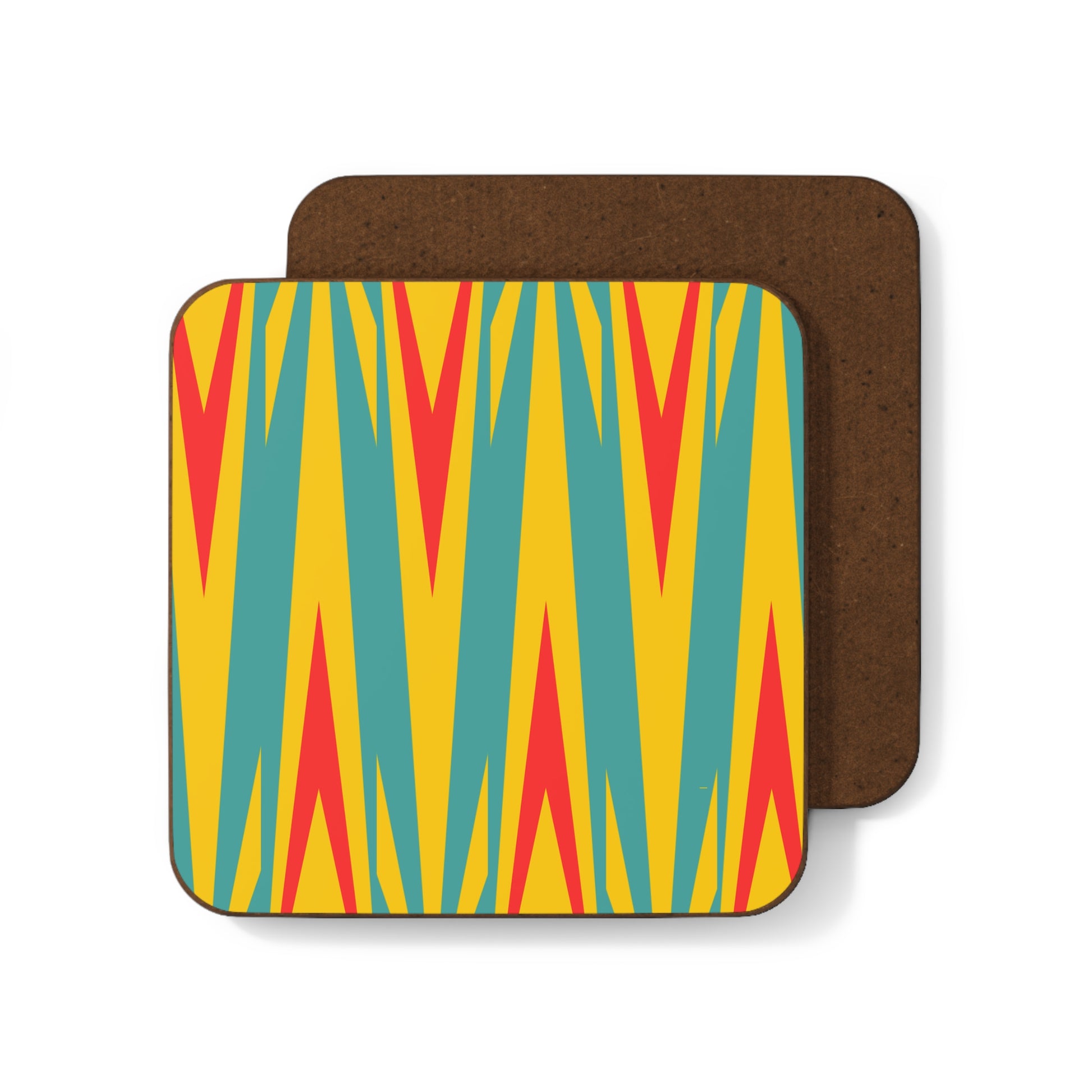 Hardboard back coaster with vibrant multicolor geometric pattern – modern drink coaster.

