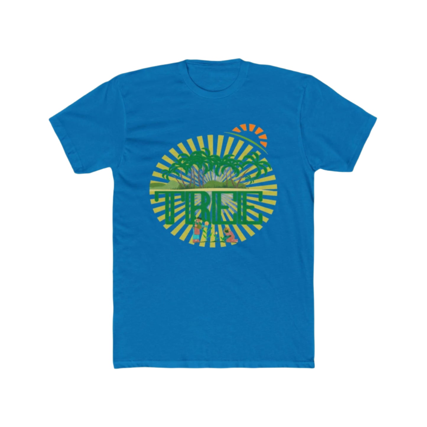 A solid turquoise unisex cotton crew tee with a graphic print in the center that includes green palm trees and the word 'PINE'.