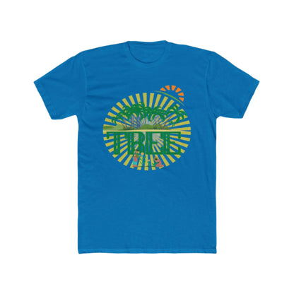 A solid turquoise unisex cotton crew tee with a graphic print in the center that includes green palm trees and the word 'PINE'.