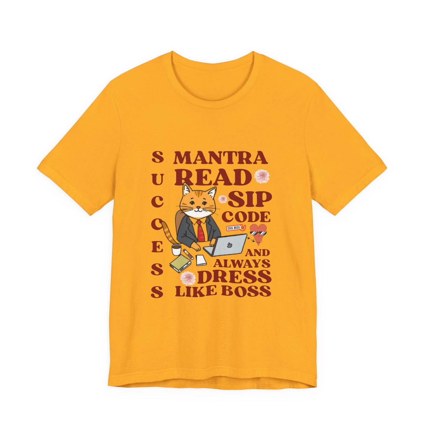 Yellow t-shirt with a graphic of a cat and text on a white background
