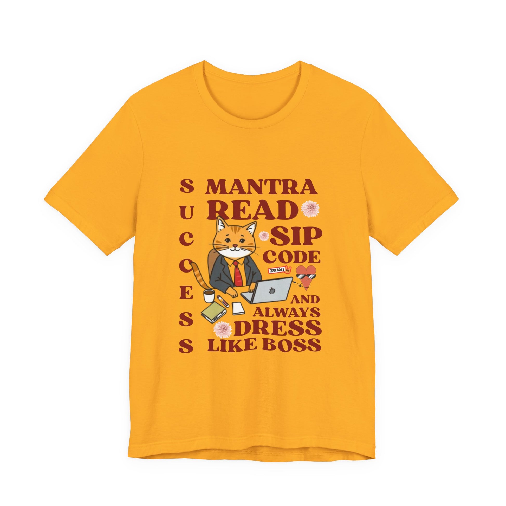 Yellow t-shirt with a graphic of a cat and text on a white background