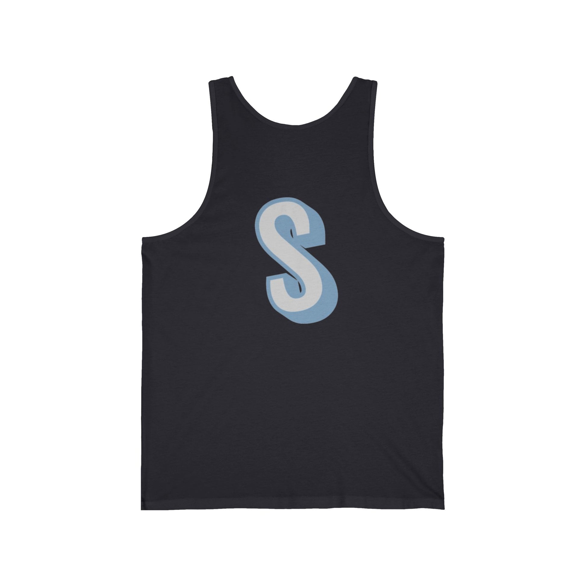 Unisex tank top with a blue 'S' on a white background