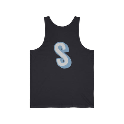 Unisex tank top with a blue 'S' on a white background