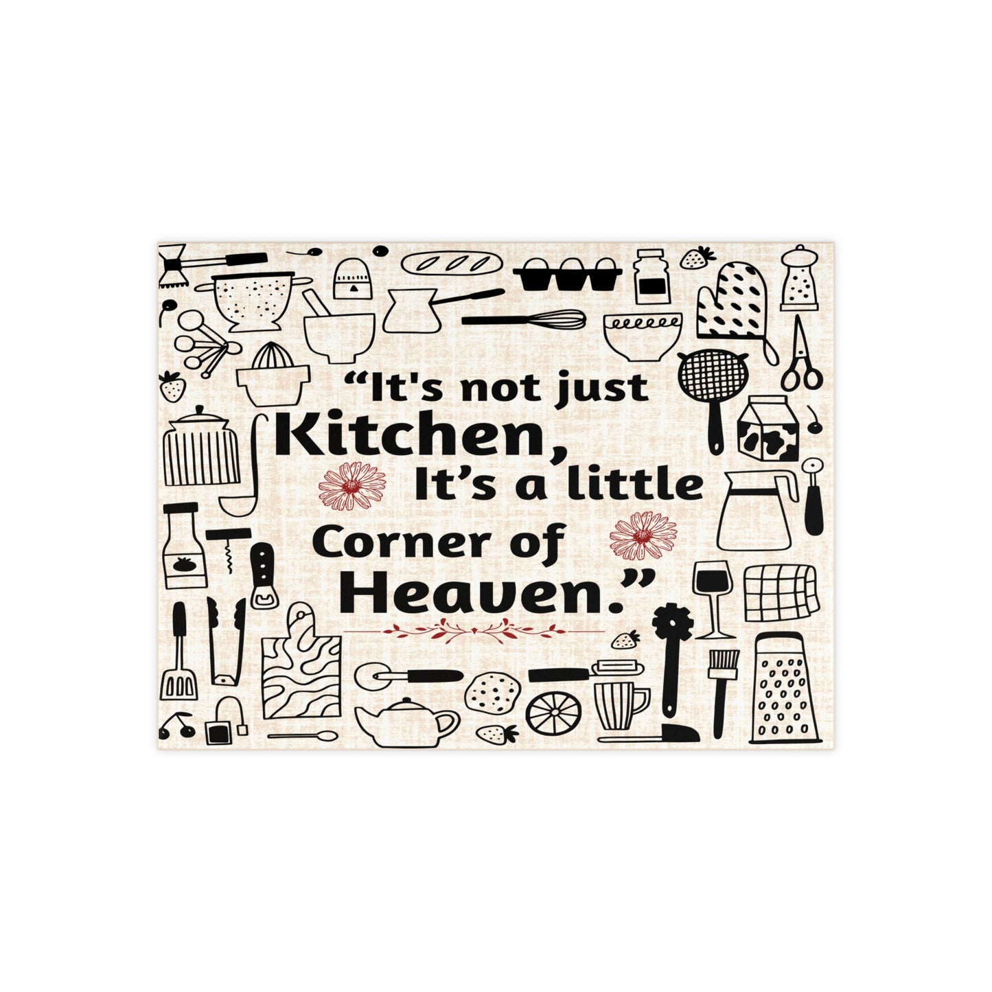 This design features playful kitchen doodles, elegant script, and a neutral textured background Ceramic photo tile with the quote "It's not just a kitchen, it's a little corner of heaven" – perfect for cozy kitchen decor.