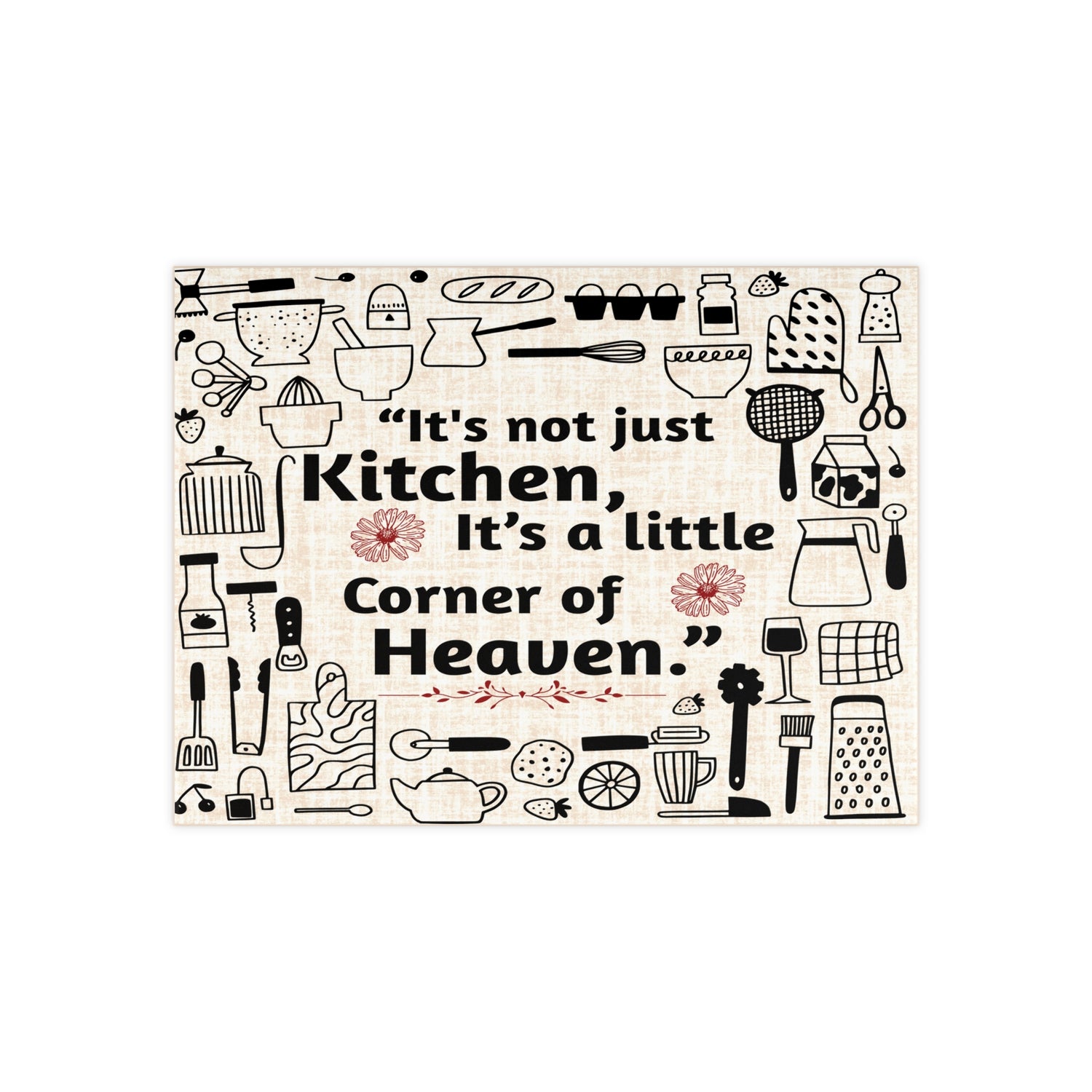 This design features playful kitchen doodles, elegant script, and a neutral textured background Ceramic photo tile with the quote "It's not just a kitchen, it's a little corner of heaven" – perfect for cozy kitchen decor.