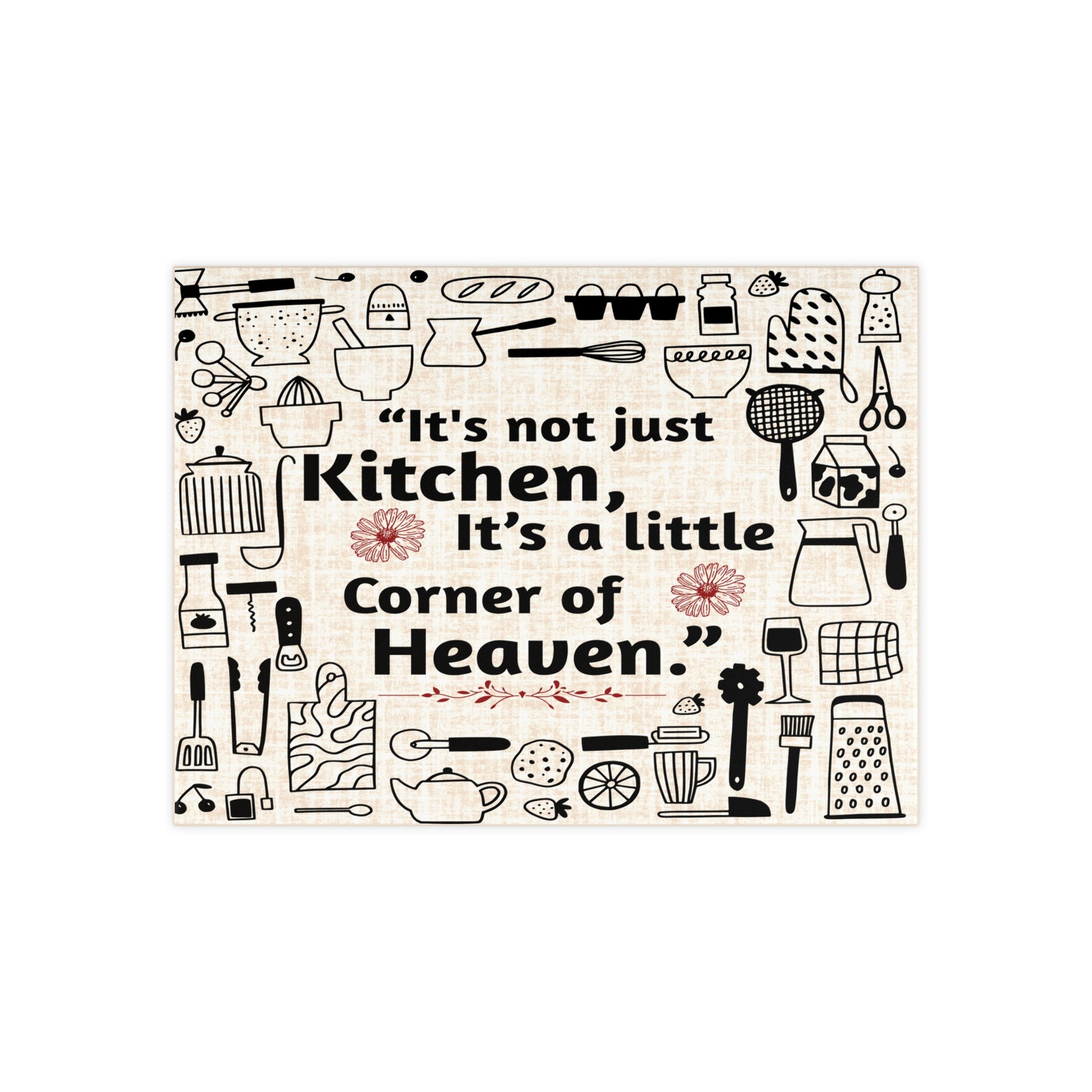 This design features playful kitchen doodles, elegant script, and a neutral textured background Ceramic photo tile with the quote "It's not just a kitchen, it's a little corner of heaven" – perfect for cozy kitchen decor.