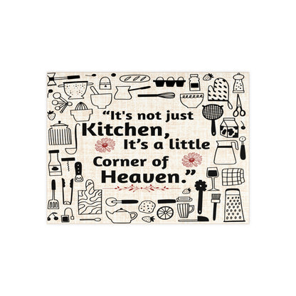 This design features playful kitchen doodles, elegant script, and a neutral textured background Ceramic photo tile with the quote "It's not just a kitchen, it's a little corner of heaven" – perfect for cozy kitchen decor.