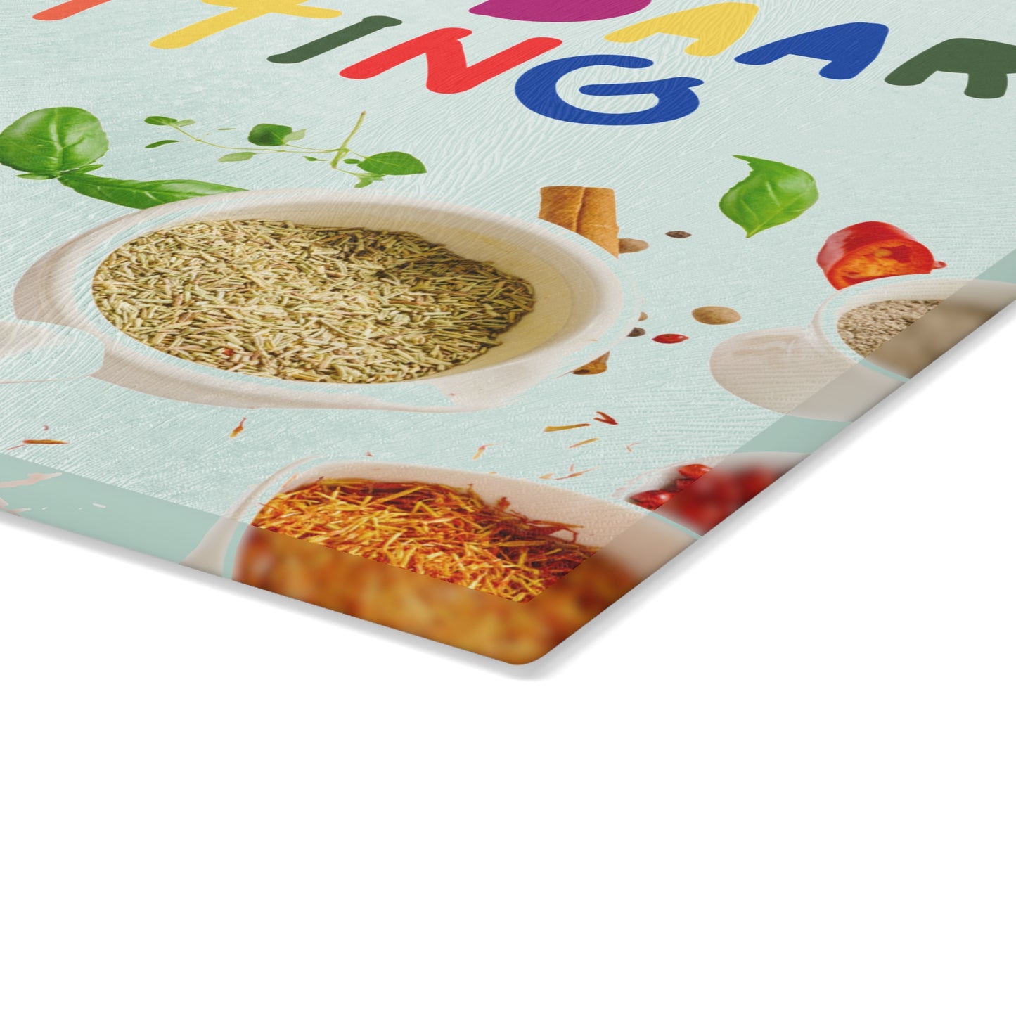 Tempered glass cutting board with desi quote “Masale Daar Cutting” surrounded by colorful Indian spice illustrations.