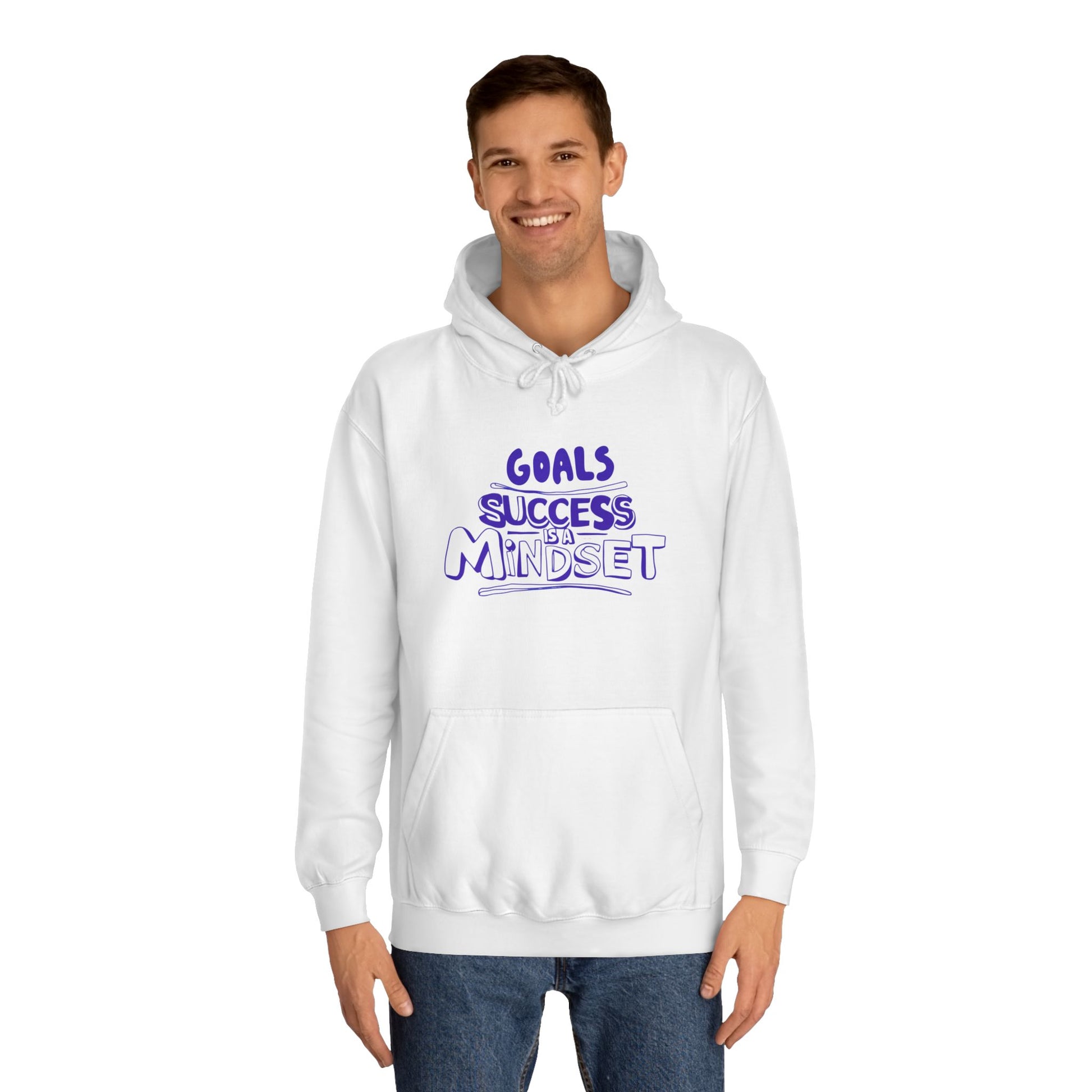 Person wearing a white hoodie with text on a white background
